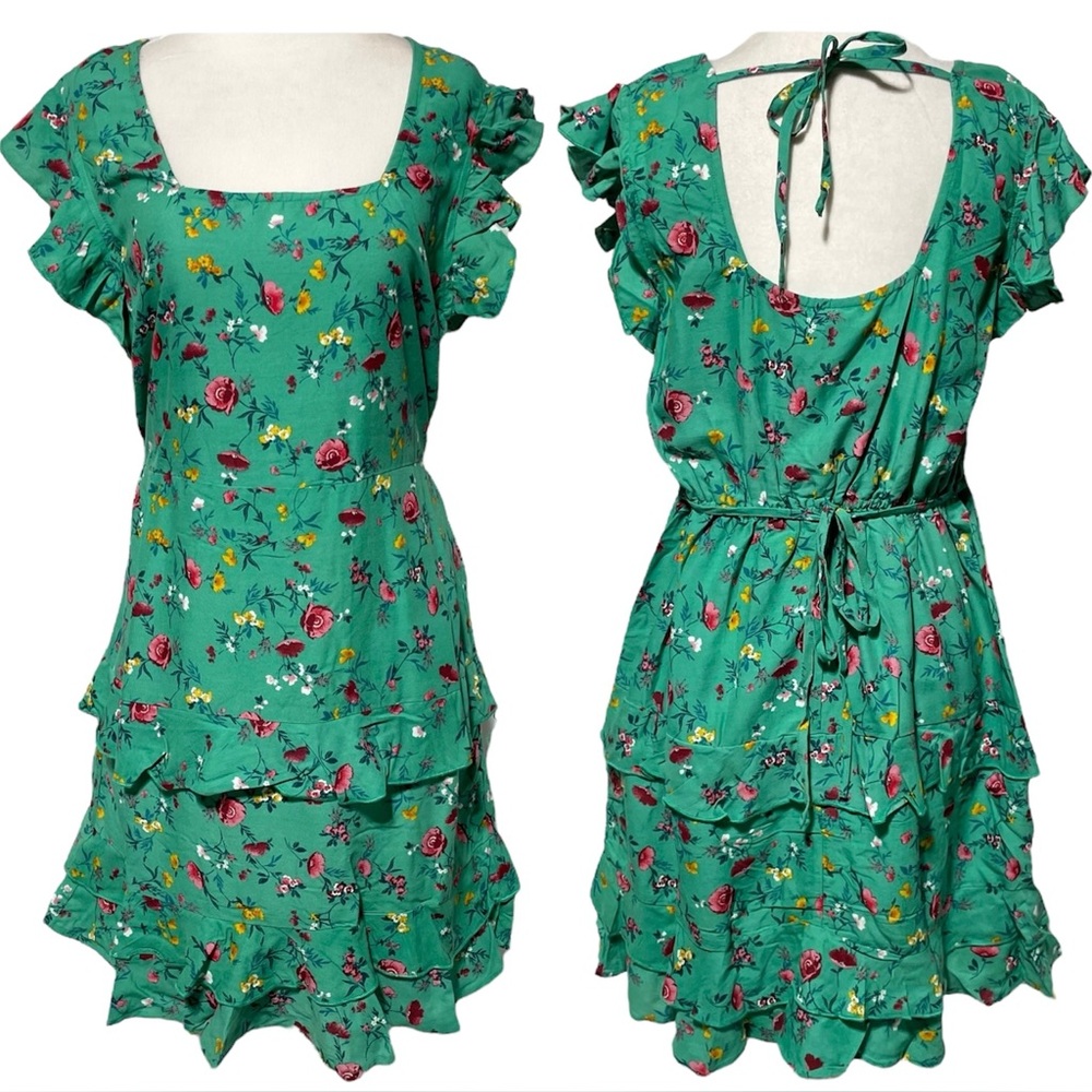 New Lottie & Holly Floral Print Ruffle Sleeve Mini Dress Green Pink Size Large